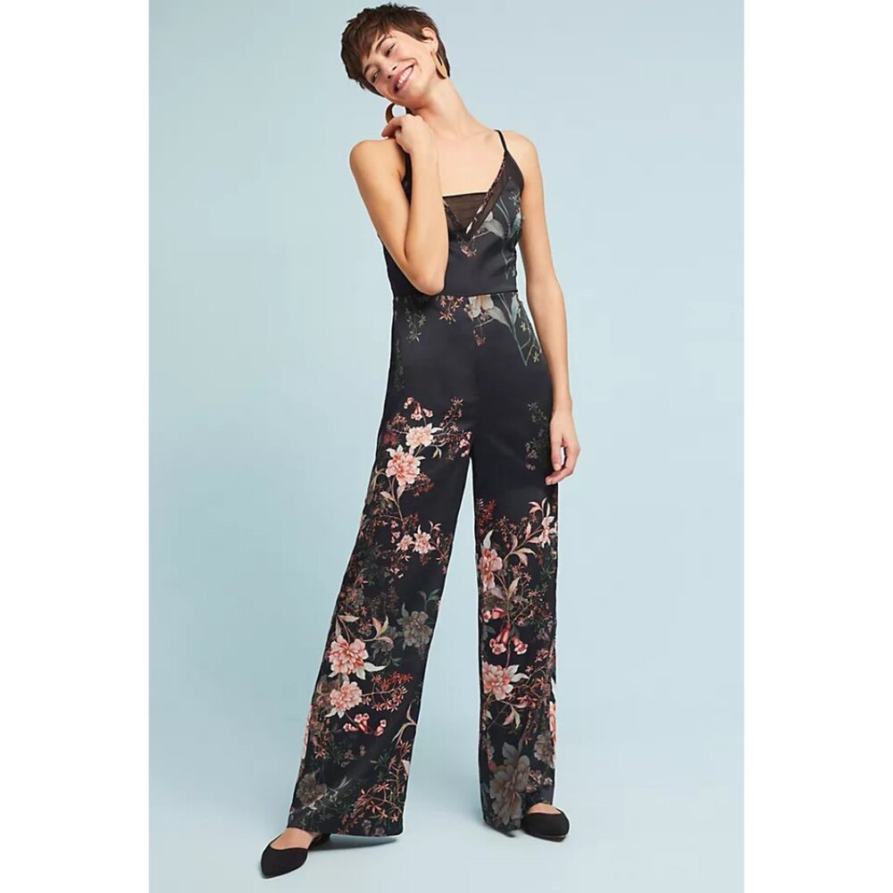 Adelyn Rae Rosanna Anthropologie Black Floral Jumpsuit Large L NWT $178 MSRP